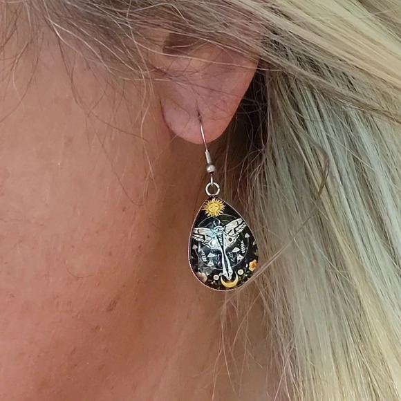 SUN & MOON TIGER MOTH DROP EARRINGS - Picture 3 of 7